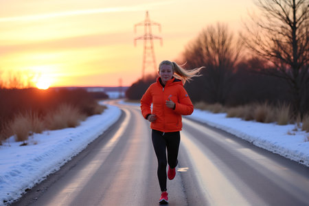 A young woman runs down a road during a vibrant sunset. She is wearing an orange jacket and black leggings. The road is flanked by snow.の素材