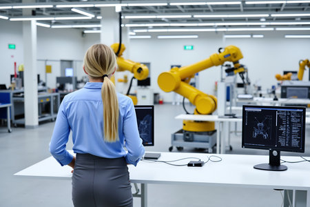A female engineer monitors the progress of automated robotic arms in a high-tech factory settingの素材