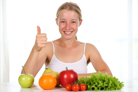 A young woman smiles and gives a thumbs up, surrounded by fresh produce, promoting a healthy lifestyleの素材