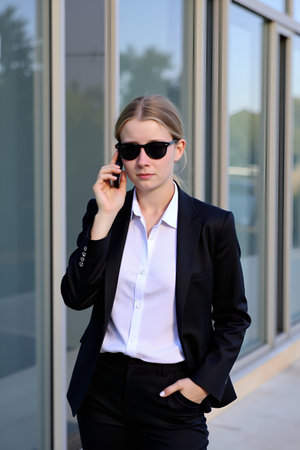 A stylish woman in a suit and sunglasses is engaged in a phone conversation, exuding confidence and professionalismの素材