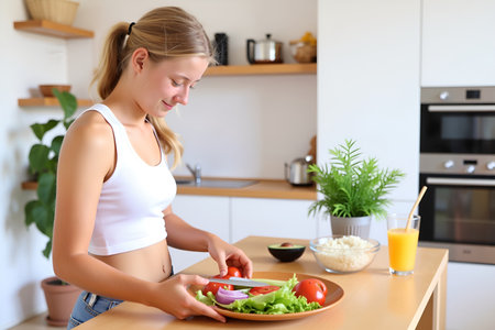 A beautiful young woman is preparing a fresh and healthy salad in her bright and modern kitchenの素材