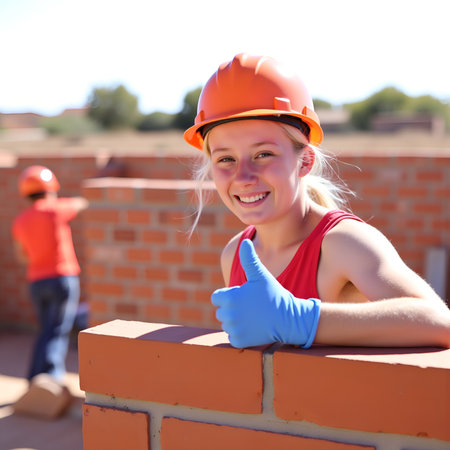 A smiling woman in a hard hat and gloves gives a thumbs up while working on a construction siteの素材