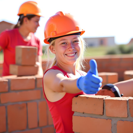 A female construction worker smiles and gives a thumbs up while building a brick wall with a colleagueの素材