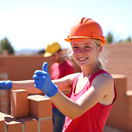 A smiling woman in a hard hat and gloves gives a thumbs up while working on a construction projectの素材