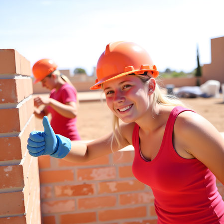 A smiling woman in a hard hat and gloves gives a thumbs up while working on a construction projectの素材
