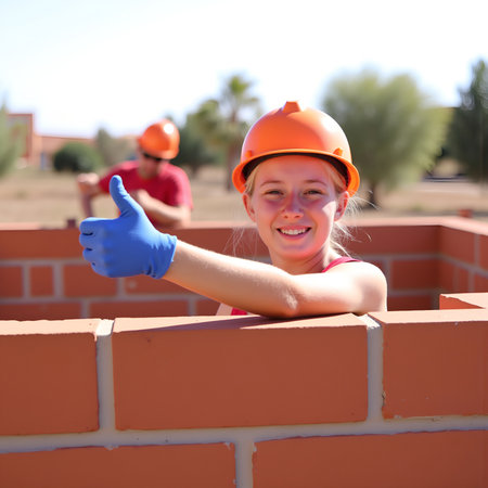 A smiling young woman wearing a hard hat gives a thumbs up while working on a construction projectの素材