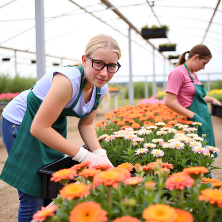 Two female florists are seen working together in a sunny greenhouse, surrounded by vibrant flowersの素材