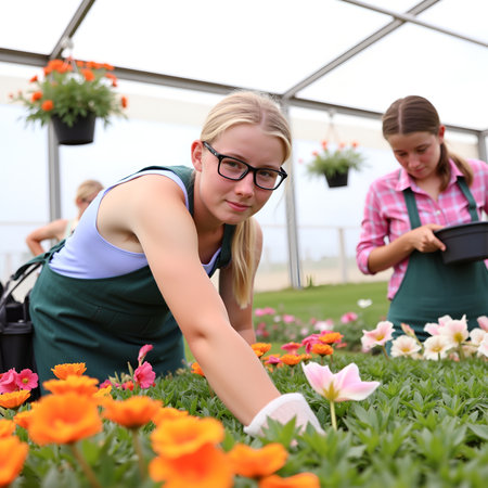A young woman wearing glasses and an apron works in a greenhouse, surrounded by colorful flowersの素材