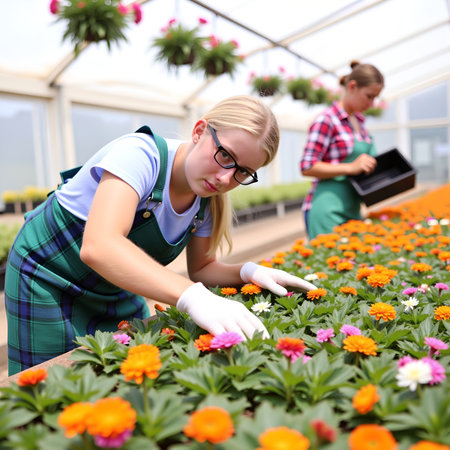 Two women work together in a greenhouse, carefully tending to vibrant flowers, creating a beautiful displayの素材