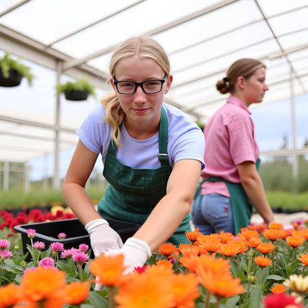 A young woman wearing glasses and gloves works in a greenhouse surrounded by vibrant flowers, with another person in the backgroundの素材