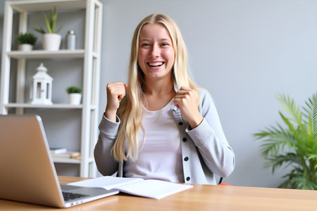 A happy blonde woman clenches her fists in triumph while working on her computer at homeの素材