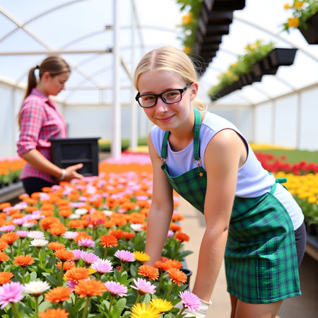 A smiling woman wearing glasses and an apron works among vibrant blooms, cultivating plants in a sunny greenhouseの素材