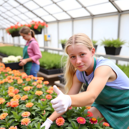 A young woman wearing a green apron and gloves is tending to the flowers in a greenhouseの素材