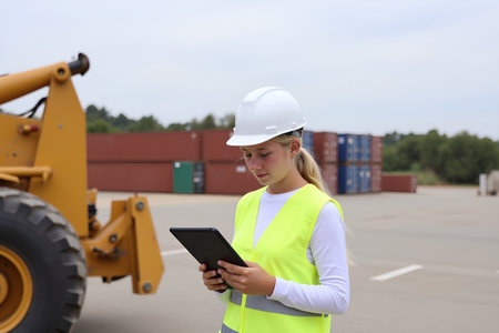 A young woman in a safety vest and hard hat reviews data on a tablet near a forklift and shipping containersの素材
