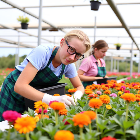 Two female florists work together in a bright greenhouse, surrounded by vibrant orange and pink flowersの素材