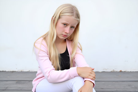 A young girl with long blonde hair sits on a wooden surface, wearing a pink jacket and white pantsの素材