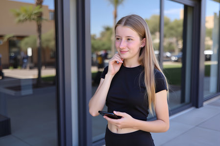 A beautiful young woman is standing outside, looking thoughtful while holding her phoneの素材