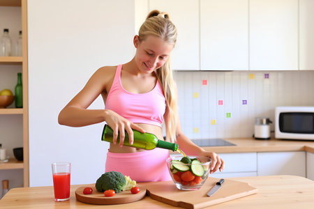 A young woman in athletic wear pours dressing over a fresh salad, promoting a healthy lifestyleの素材