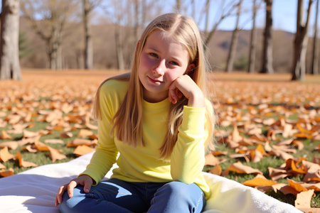 A beautiful young girl with long blonde hair sits on a blanket in a park surrounded by autumn leavesの素材