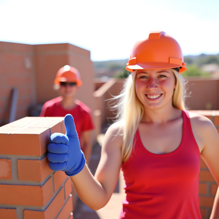 A female construction worker smiles while giving a thumbs up, showing her approval of the bricklayingの素材