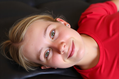 A beautiful young woman with blonde hair and a red shirt smiles while looking at the viewerの素材