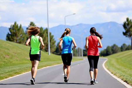 Three female athletes are seen from behind as they run on a sunny day, promoting fitness and healthy lifestylesの素材