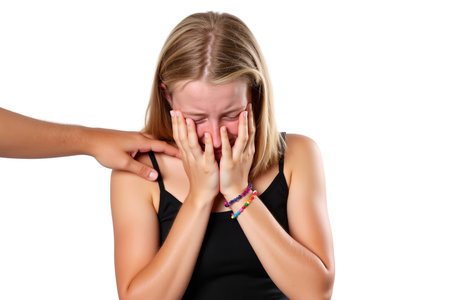 A young woman is visibly upset, with a supportive hand offering solace and empathyの素材