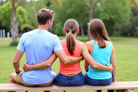 A group of friends enjoy a sunny day together, showing support and camaraderieの素材