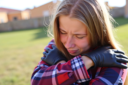 A young woman is shown with a look of sadness, wearing black gloves and a plaid shirtの素材