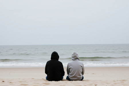 Two individuals sit on the beach, facing the sea, wearing hoodies on a cloudy day, contemplating the vastness of the oceanの素材