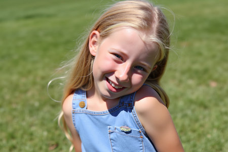 A happy child with a bright smile is captured in a close-up shot, radiating joy and positivityの素材