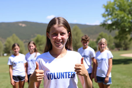 A group of young volunteers show their support with a thumbs up gesture, smiling for the cameraの素材