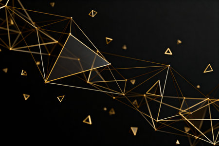 This image features a network of interconnected golden triangles against a deep black backdropの素材