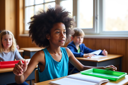 A diverse group of students are seen in a classroom setting, with one student in focusの素材