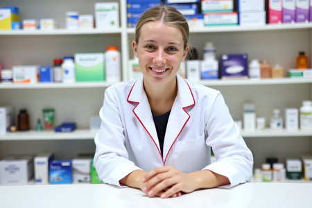 A friendly pharmacist is ready to assist customers with their healthcare needs in a pharmacy settingの素材