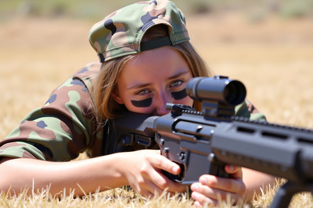 A young woman is focused on her target while participating in a military simulationの素材
