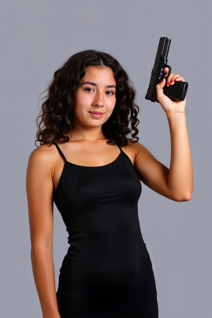 A beautiful young woman poses with a firearm, creating a striking contrast against the neutral backdropの素材