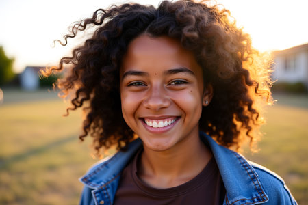 A beautiful young woman with a radiant smile and curly hair is captured in a warm, natural light settingの素材