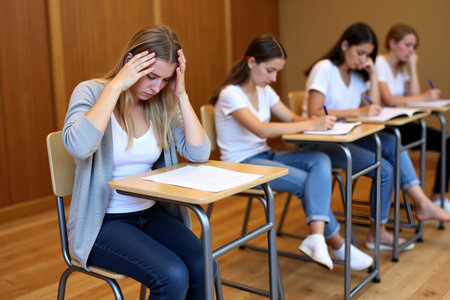 A young woman looks stressed while taking a test in a classroom, with other students in the backgroundの素材