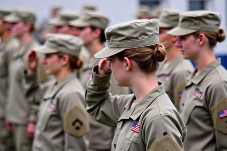 A group of women in uniform stand in a line, saluting with respect and prideの素材