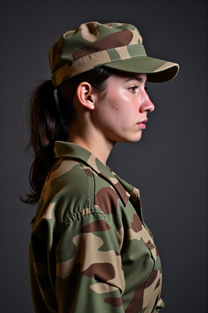 A young woman in a military uniform and cap is captured in a profile portrait, showcasing her serious expressionの素材
