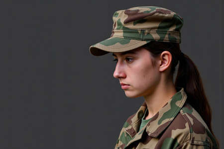 A portrait of a young woman in camouflage fatigues, gazing downward with a serious expressionの素材
