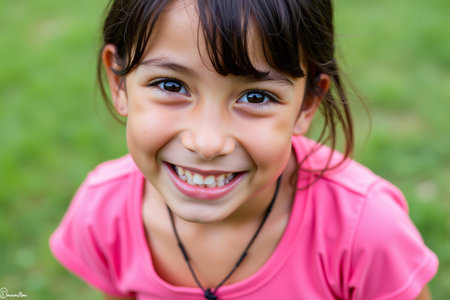 A young girl with a bright smile and a pink shirt is enjoying a sunny day outsideの素材