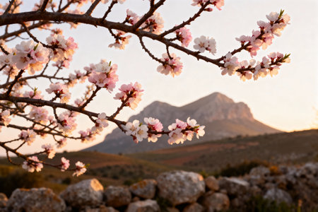 Pink and white almond blossoms bloom in the spring, with a mountain and stone wall in the backgroundの素材