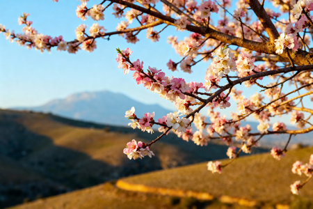 Pink and white almond blossoms bloom on branches with a mountain range in the distance, creating a stunning spring sceneの素材