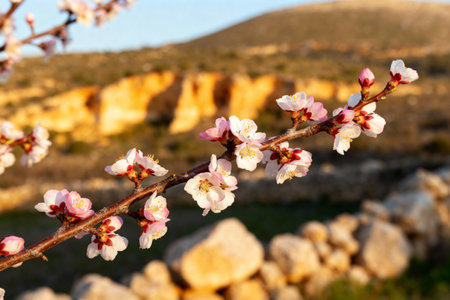 The almond tree branch displays its beautiful flowers against a blurred background of a hill and stone wallの素材