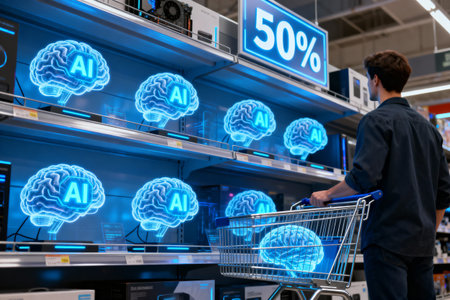 A shopper browses glowing AI brain displays in a modern store, exploring the future of technologyの素材