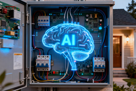 An AI-themed illustration shows a brain graphic inside an electrical panel, suggesting smart home technologyの素材