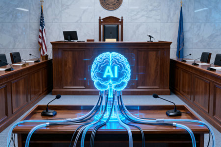 An AI brain is connected to the courtroom, symbolizing the role of artificial intelligence in legal proceedingsの素材