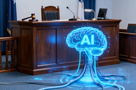 An AI-powered brain is displayed in a courtroom, symbolizing the intersection of technology and lawの素材